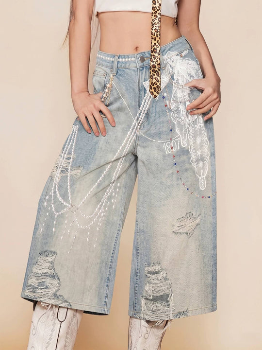 1807 Pearl Denim Transfer Print Cropped Shorts | Face 3 Face