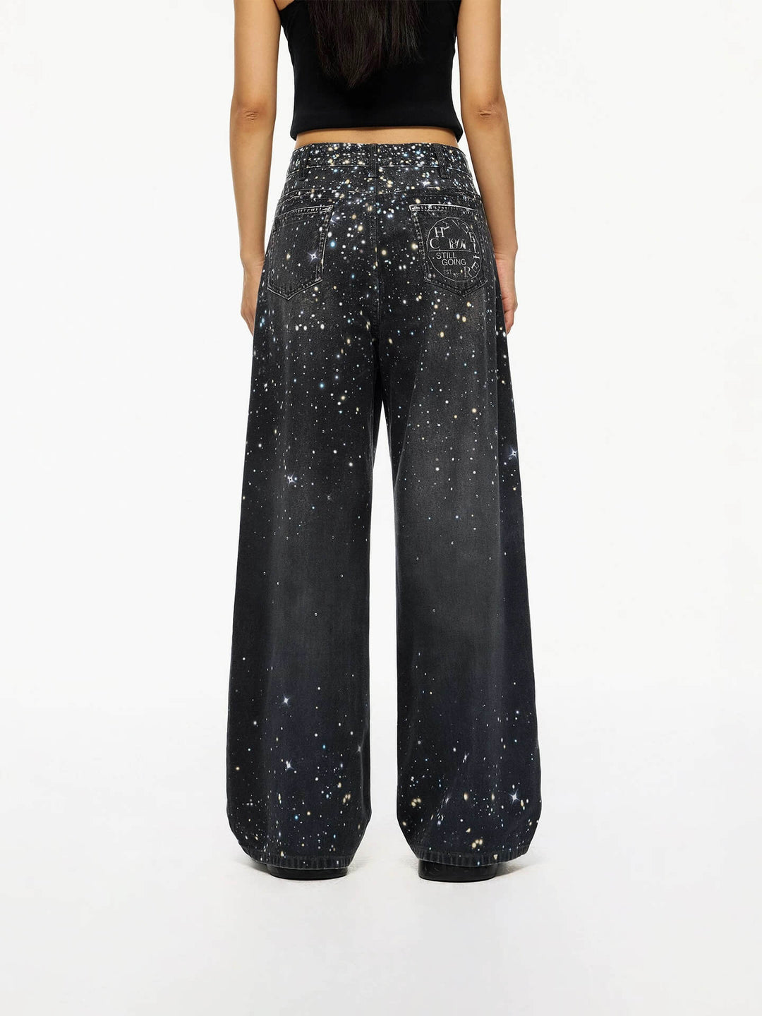 1807 Starry Universe Print Rhinestone Accent Jeans | Face 3 Face