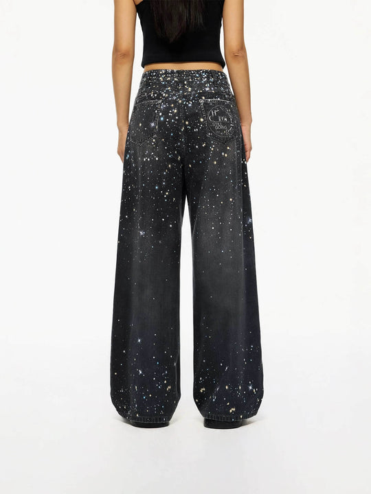 1807 Starry Universe Print Rhinestone Accent Jeans | Face 3 Face