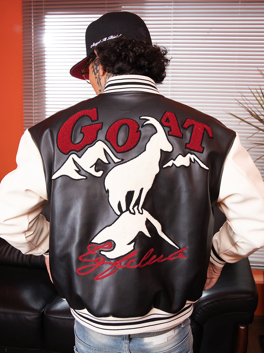TGFCLUB Goat Embroidered PU Leather Varsity Jacket | Face 3 Face