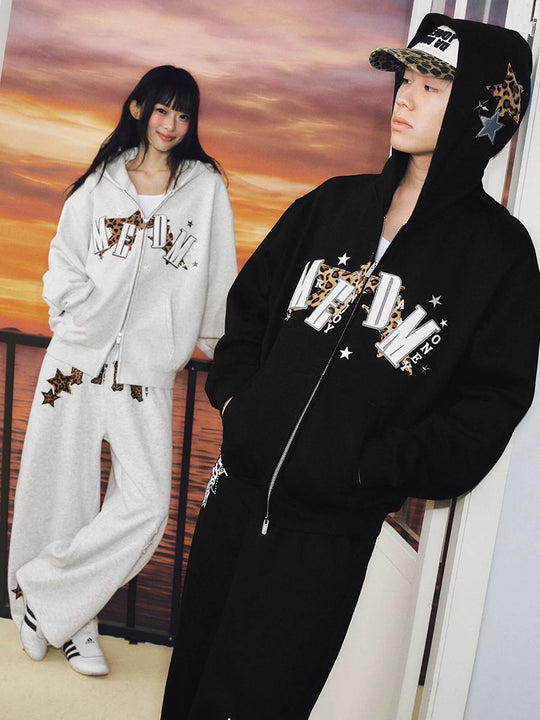MEDM Leopard Print Star Patch Logo Embroidered Zip Up Hoodie | Face 3 Face