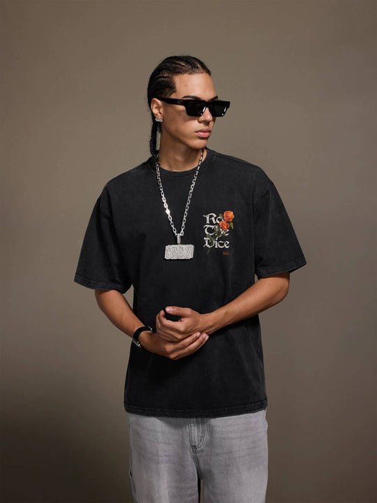 1807 Vintage Cracked Rose Print Washed Short Sleeve Tee | Face 3 Face