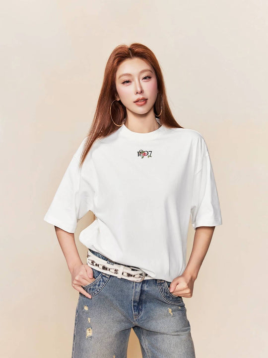 1807 Rose Logo Print Embroidered Short Sleeve Tee | Face 3 Face