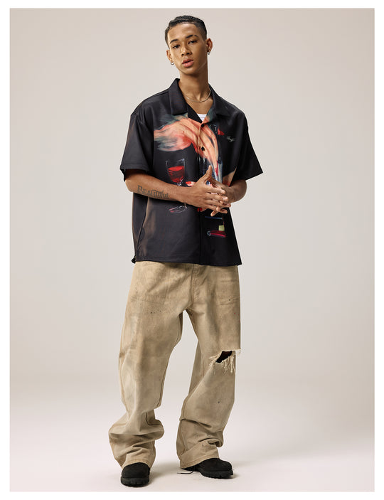 Remedy Finger and Wine Glass Full Print Short Sleeve Cuban Shirt | Face 3 Face