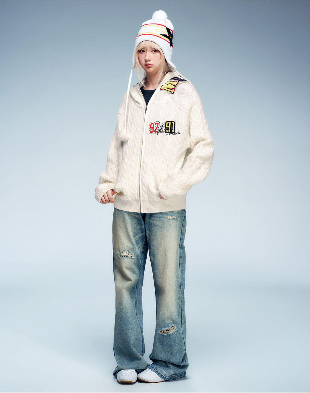 MEDM Patch Applique Zip Up Knit Hoodie | Face 3 Face