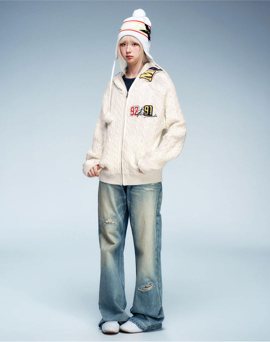 MEDM Patch Applique Zip Up Knit Hoodie | Face 3 Face