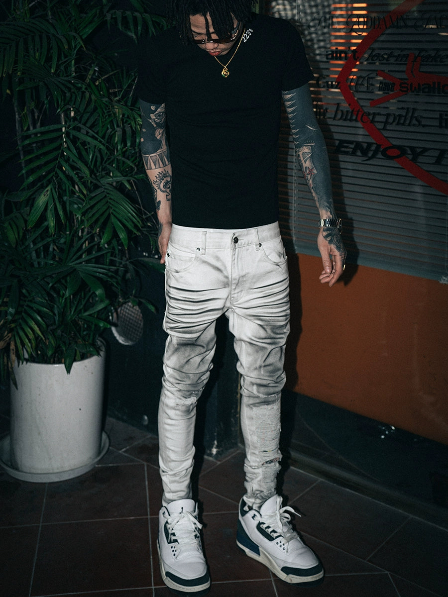 TGFCLUB Sprayed Whisker Washed Hem Zipper Slim Fit Jeans | Face 3 Face