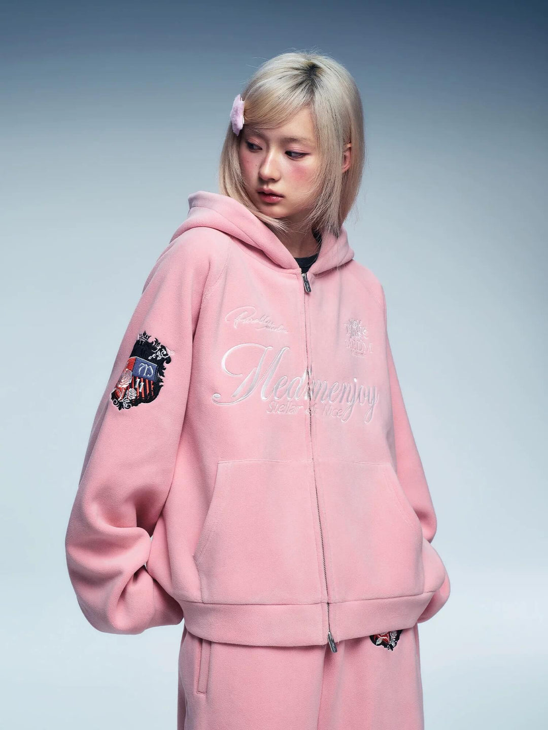 MEDM Rose Embroidered Patch Zip Up Fleece Hoodie | Face 3 Face