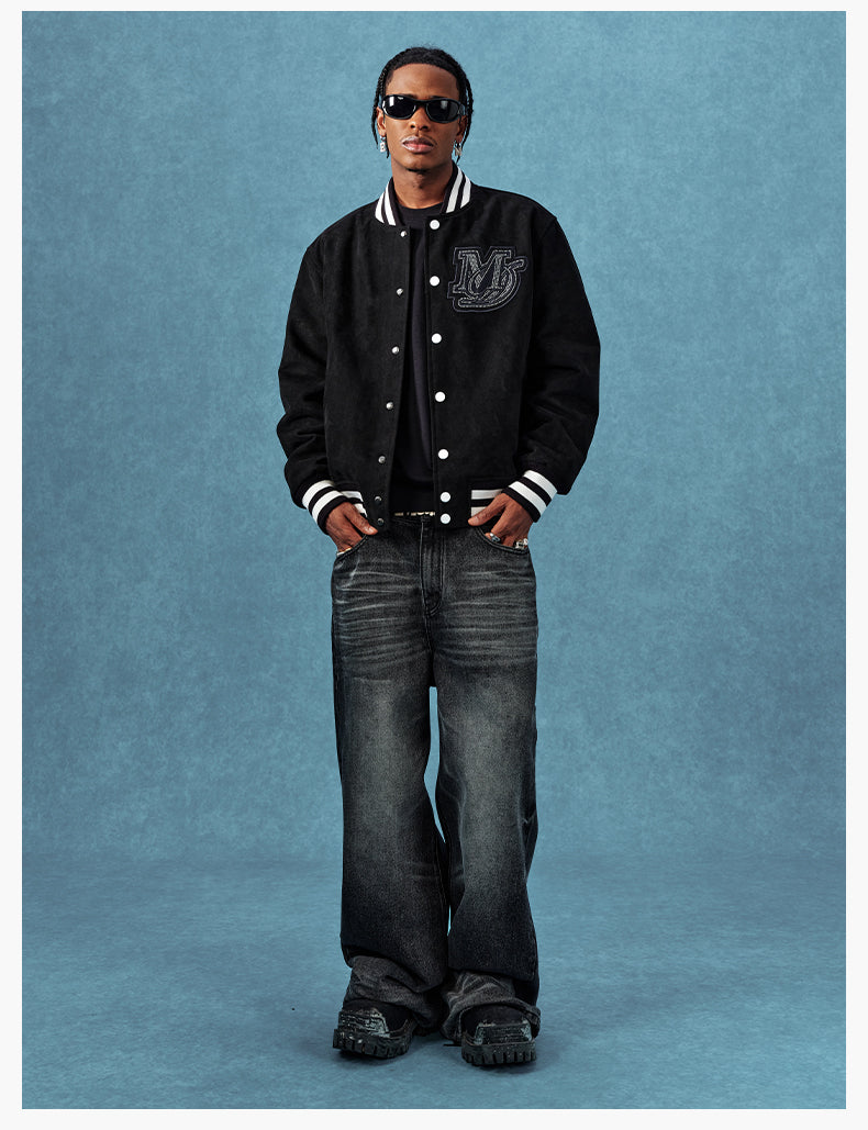 MEDM Rhinestone-Embellished Suede Varsity Jacket | Face 3 Face