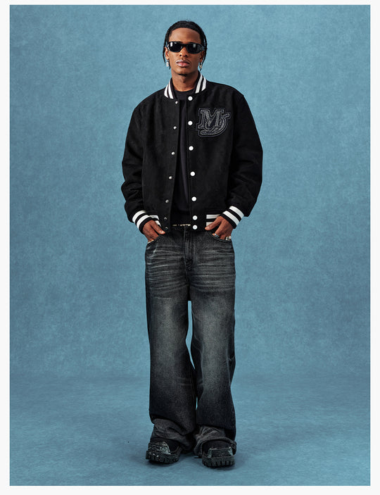 MEDM Rhinestone-Embellished Suede Varsity Jacket | Face 3 Face