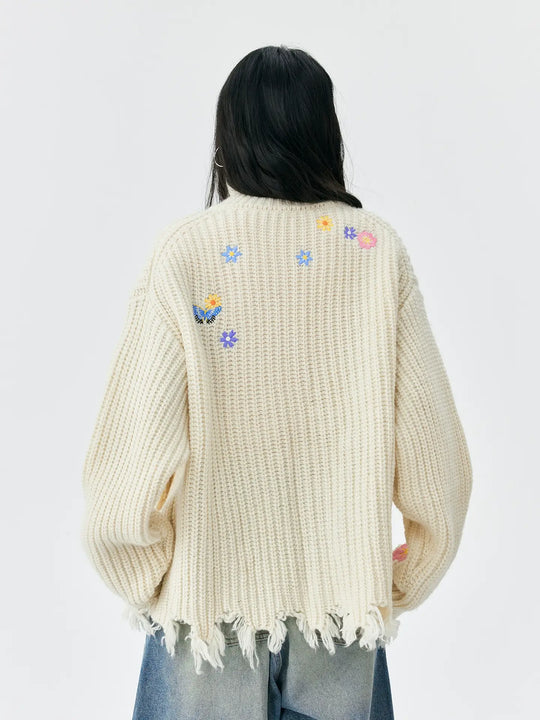 MEDM Frayed Hem Floral Embroidered Knit Cardigan | Face 3 Face