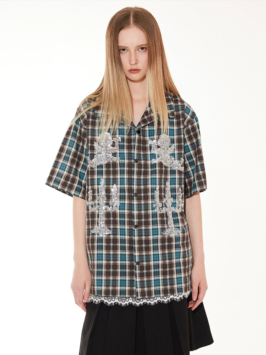 EMPTY REFERENCE Angel and Candlestick Sequin Plaid Short Sleeve Shirt | Face 3 Face