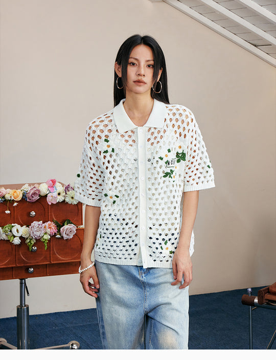 MEDM Flower Embroidery Open Knit Short Sleeve Shirt | Face 3 Face