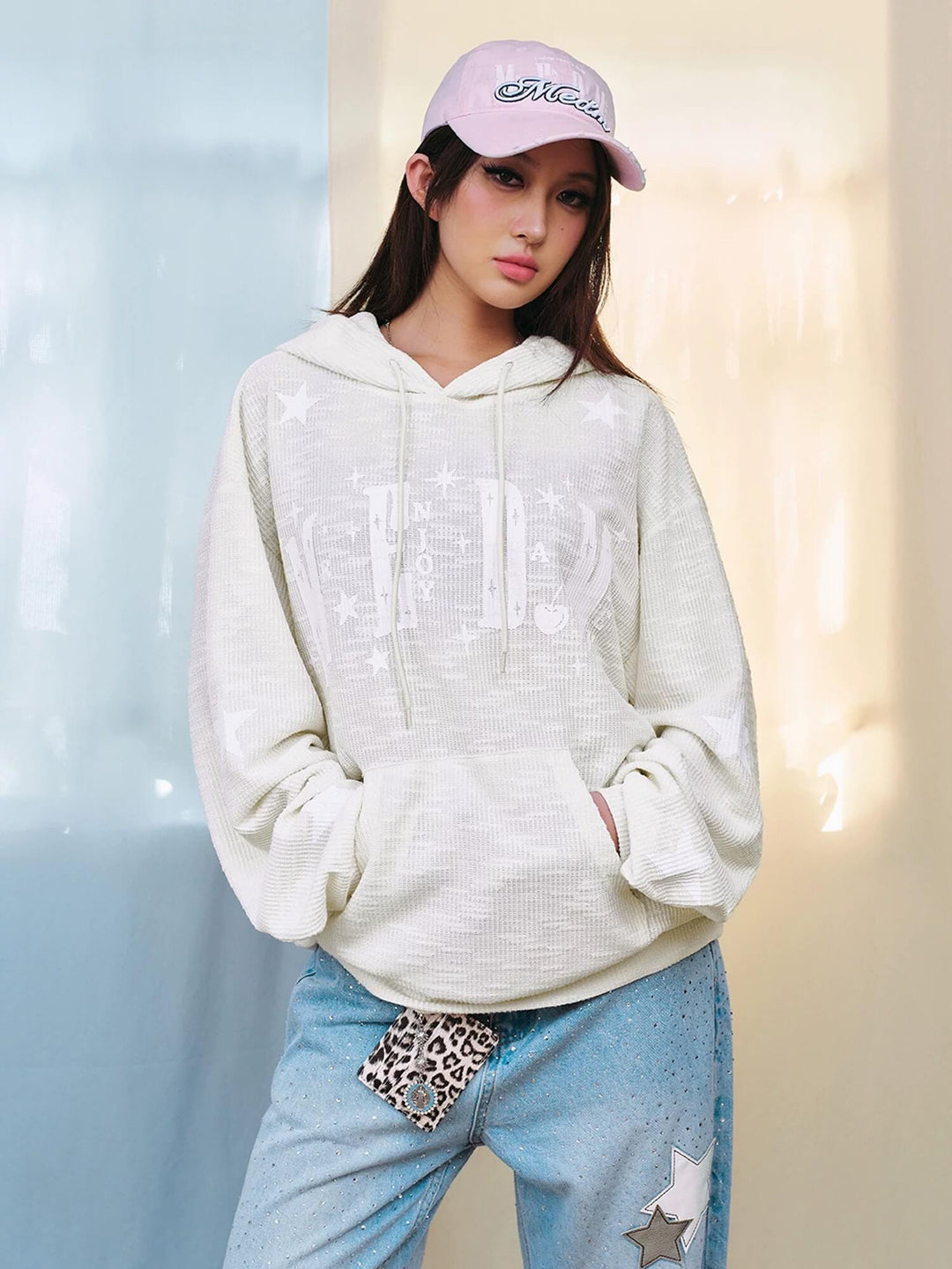MEDM Star Logo Print Waffle Knit Hoodie | Face 3 Face