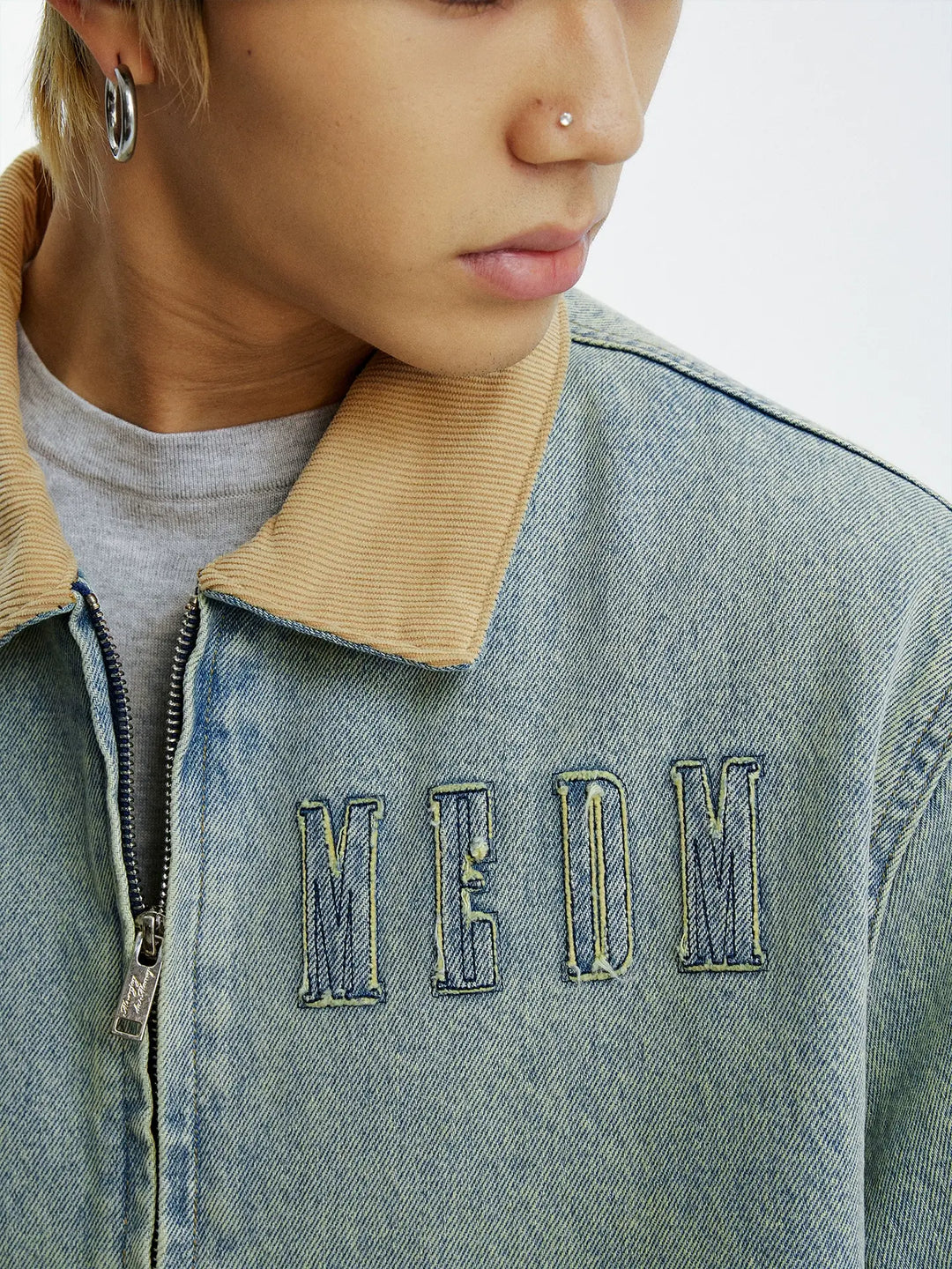 MEDM Corduroy Collar Washed Denim Jacket | Face 3 Face