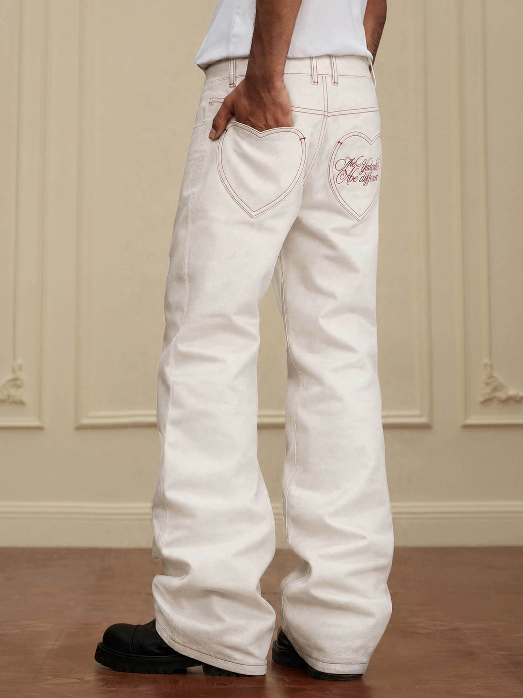YADcrew Heart Shaped Pocket Slight Flare White Jeans | Face 3 Face