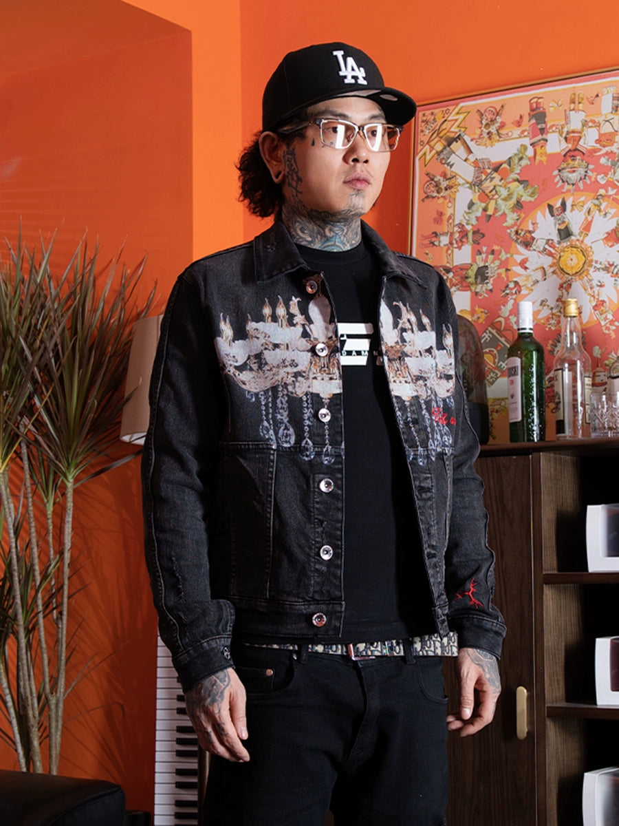 TGFCLUB Chandelier Digital Print Washed Slim Denim Jacket | Face 3 Face