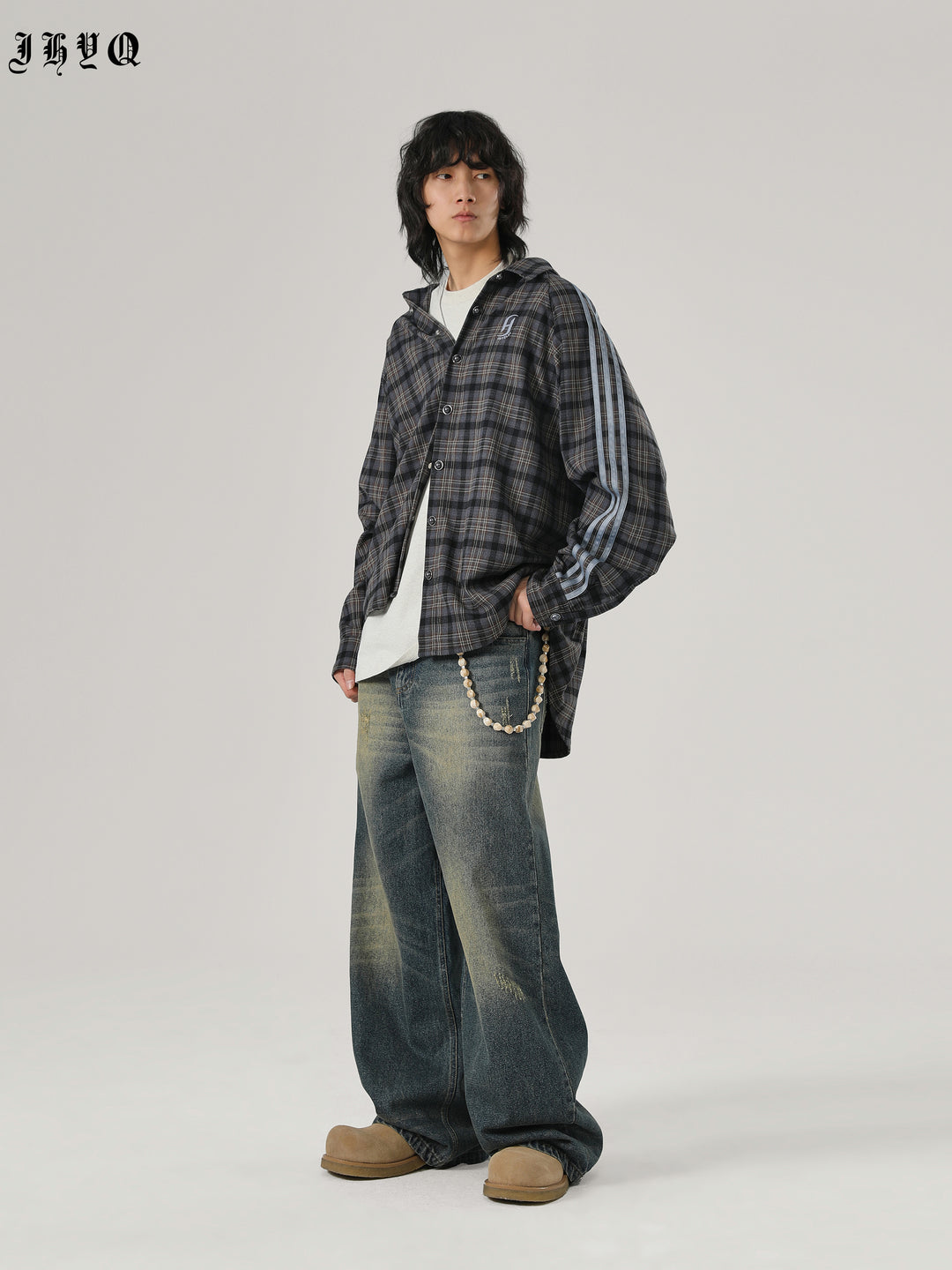 JHYQ Plaid Lapel Embroidery Long Sleeved Shirt