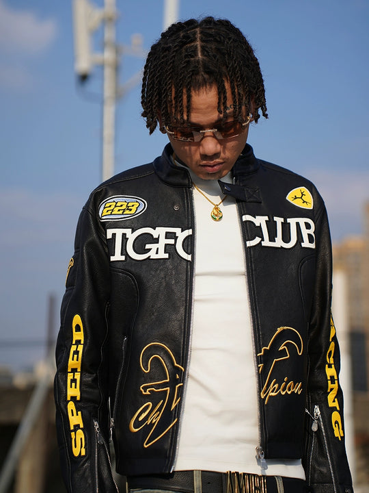 TGFCLUB Heavy Embroidery Racing Leather Jacket | Face 3 Face