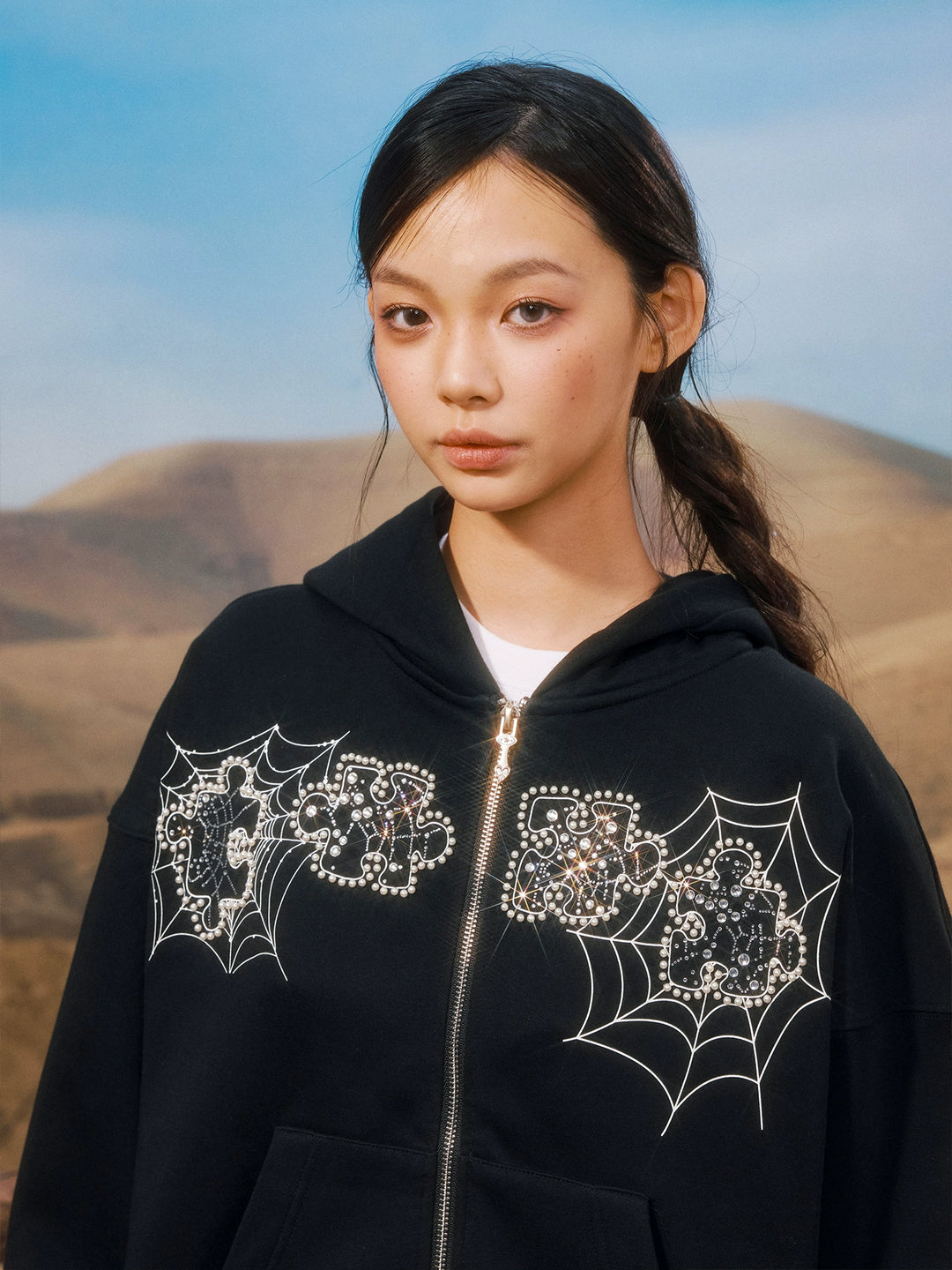YADcrew Spiderweb Puzzle Pearl Embroidery Zip Up Hoodie | Face 3 Face