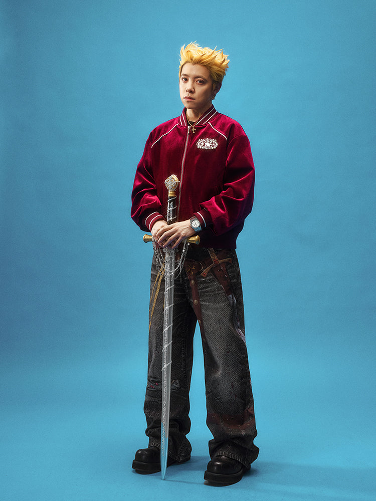 YADcrew Red Velvet Pearl-Embroidered Bomber Jacket | Face 3 Face