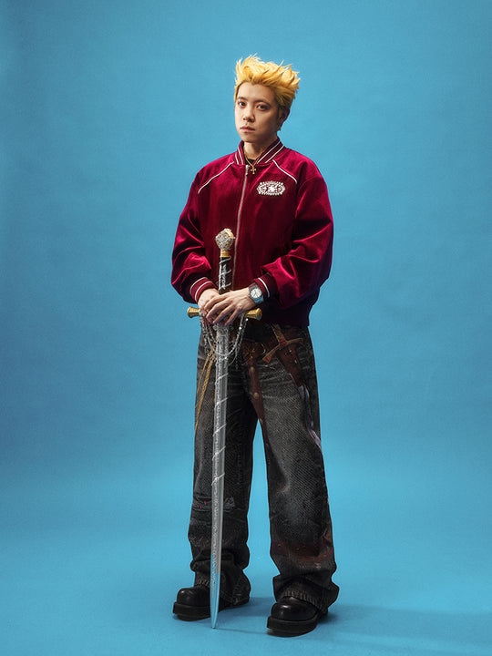 YADcrew Red Velvet Pearl-Embroidered Bomber Jacket | Face 3 Face