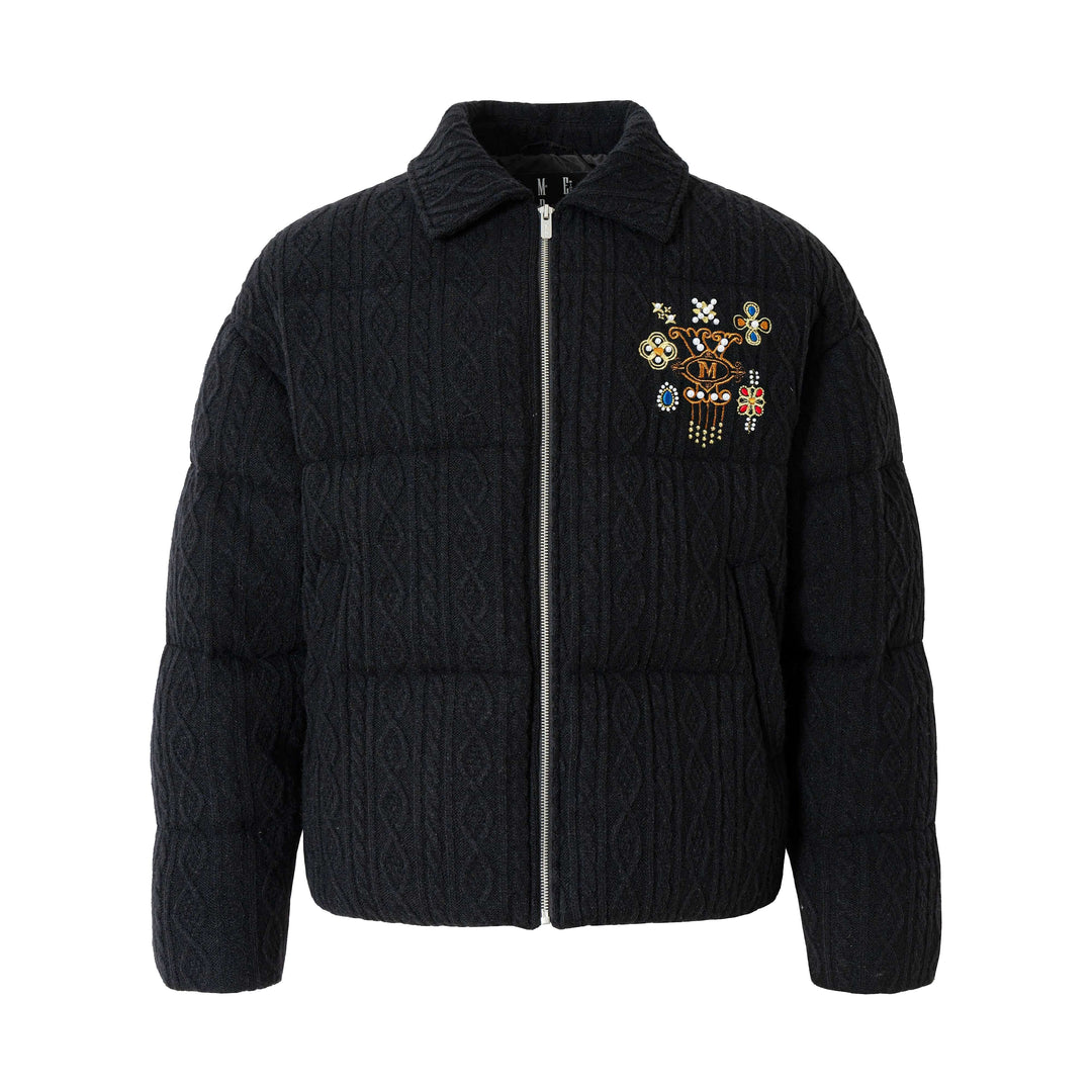 YADcrew x MEDM Cable Knit Pearl Embroidered Puffer Jacket | Face 3 Face