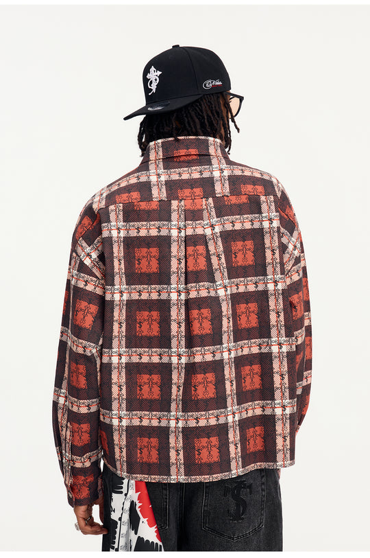 Small Town Kid Cross Logo Original Plaid Full-Print Long Sleeve Shirt | Face 3 Face