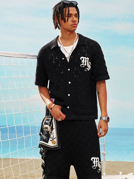 MEDM x STK Patch Embroidery Open Knit Short Sleeve Shirt | Face 3 Face