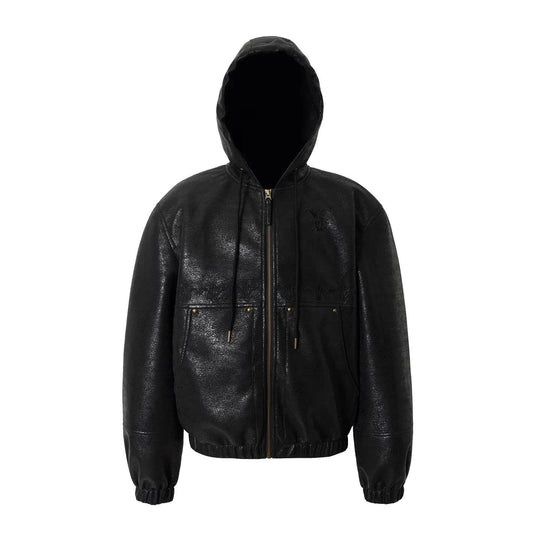 YADcrew Crackle Glitter PU Leather Hooded Jacket | Face 3 Face