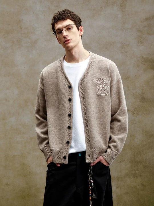 YADcrew Cable Rib V Neck Embroidered Knit Cardigan | Face 3 Face