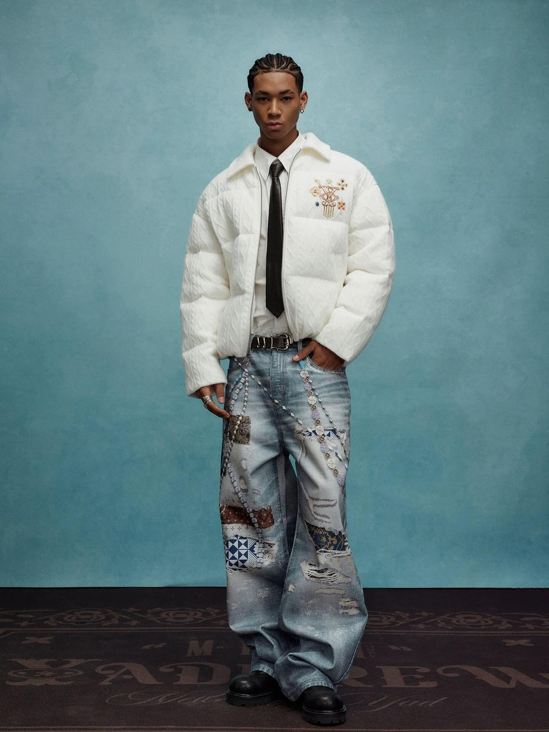 YADcrew x MEDM 3D Cloth Patch Chain Distressed Digital Print Jeans | Face 3 Face