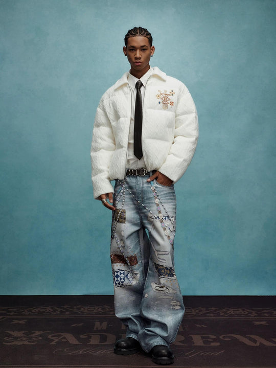 YADcrew x MEDM 3D Cloth Patch Chain Distressed Digital Print Jeans | Face 3 Face