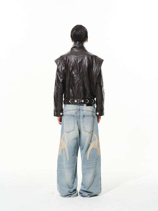 BLIND NO PLAN Graphic Logo Leather-Embroidered Washed Baggy Jeans | Face 3 Face