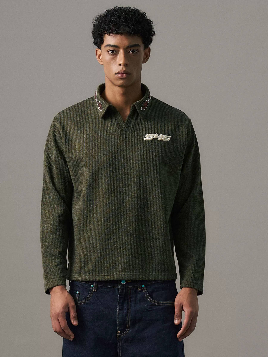 S45 Pearl and Rhinestone Long Sleeve Polo | Face 3 Face