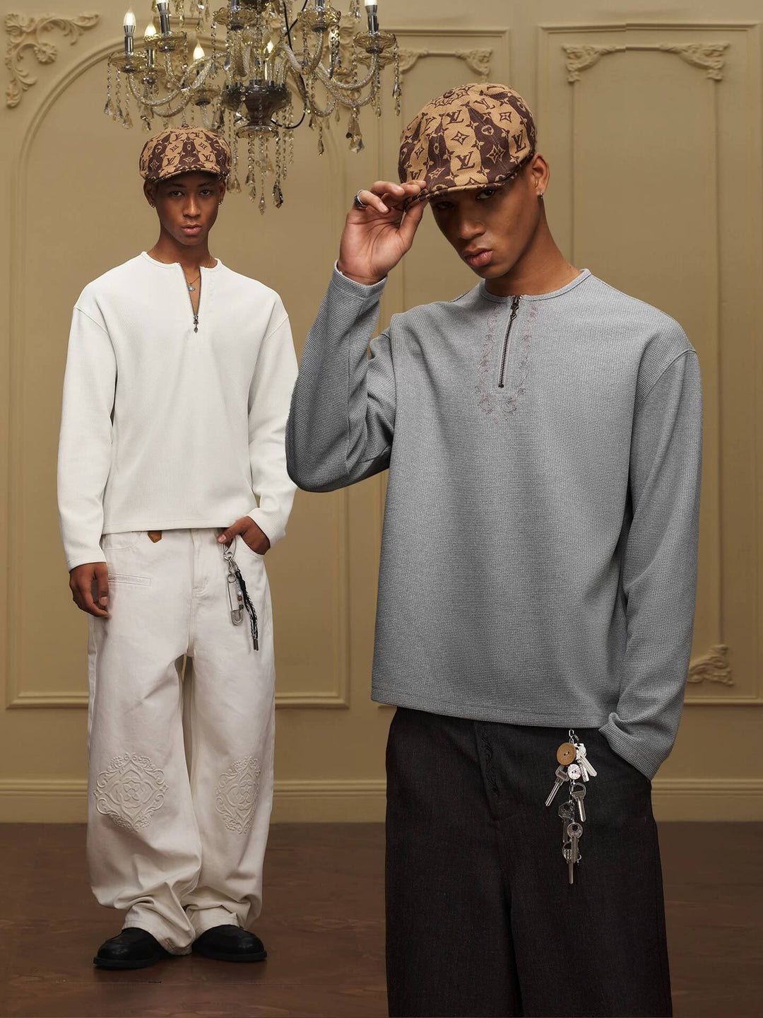 YADcrew Baroque Embroidered Half Zip Waffle Thermal Long Sleeve Tee | Face 3 Face