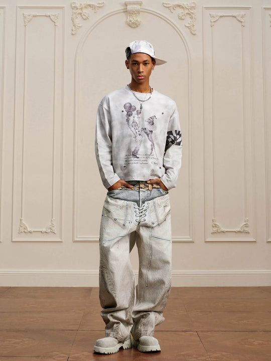 YADcrew Leopard Belt Double Waist 3D Digital Print Machete Jeans | Face 3 Face