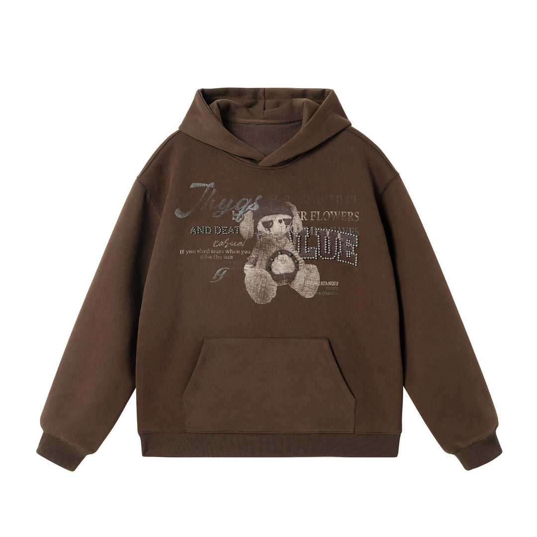 JHYQ Vintage Bear Print Bead Studded Hoodie | Face 3 Face