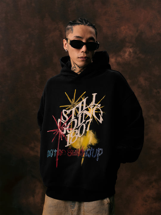 1807 Firework Printed Rhinestone Hoodie  | Face 3 Face