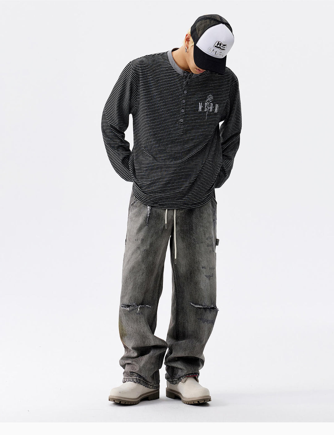 MEDM Rose Embroidered Striped Henley Long Sleeve Tee | Face 3 Face