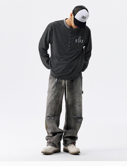 MEDM Rose Embroidered Striped Henley Long Sleeve Tee | Face 3 Face