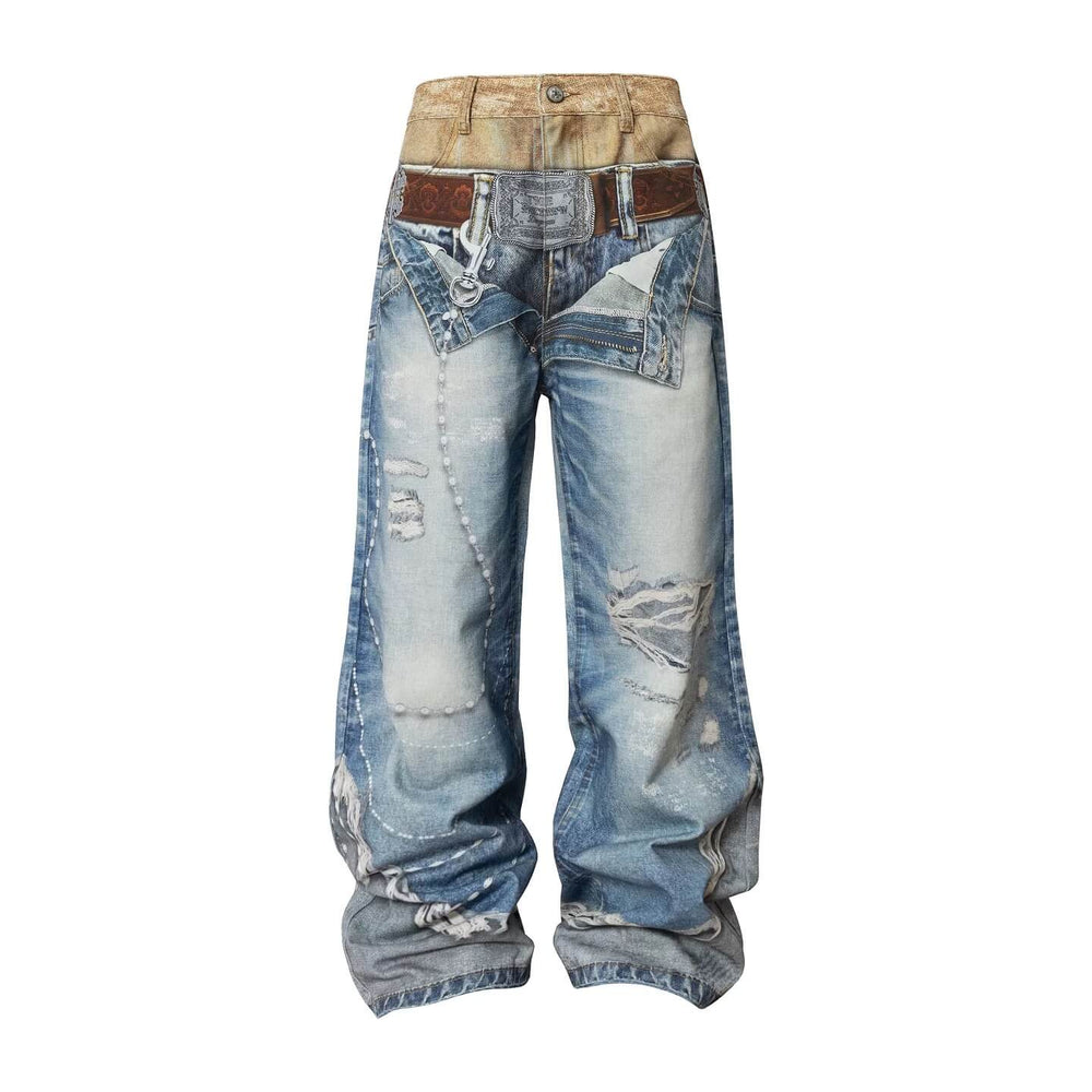YADcrew Double Waist 3D Digital Print Jeans | Face 3 Face
