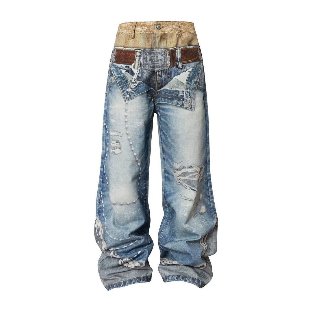 YADcrew Double Waist 3D Digital Print Jeans | Face 3 Face