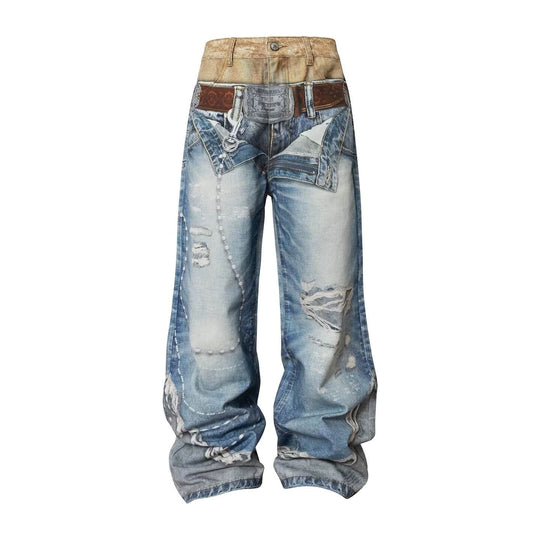 YADcrew Double Waist 3D Digital Print Jeans | Face 3 Face