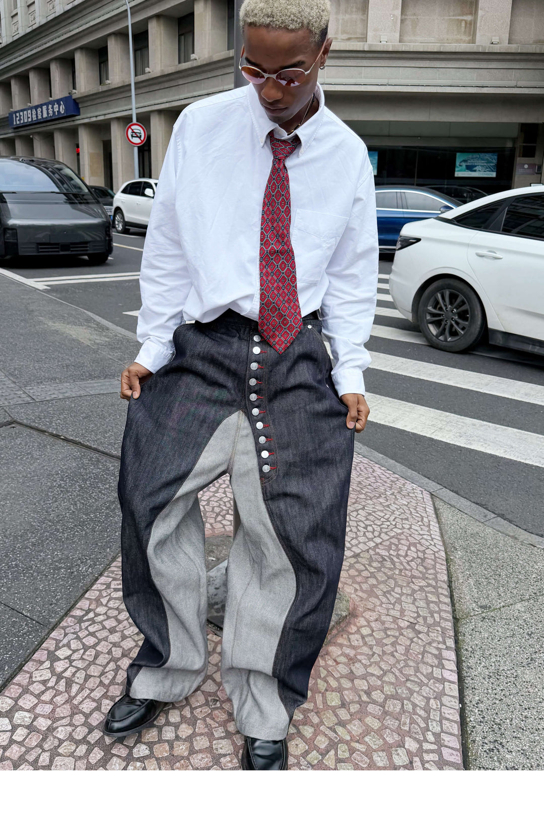 STEEPC Button Fly Reverse Patchwork Baggy Jeans | Face 3 Face