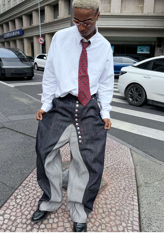 STEEPC Button Fly Reverse Patchwork Baggy Jeans | Face 3 Face