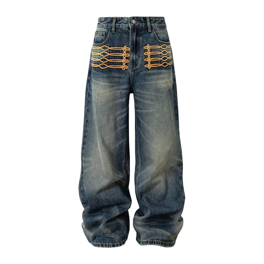 YADcrew Braid Embroidered Washed Loose Fit Jeans | Face 3 Face