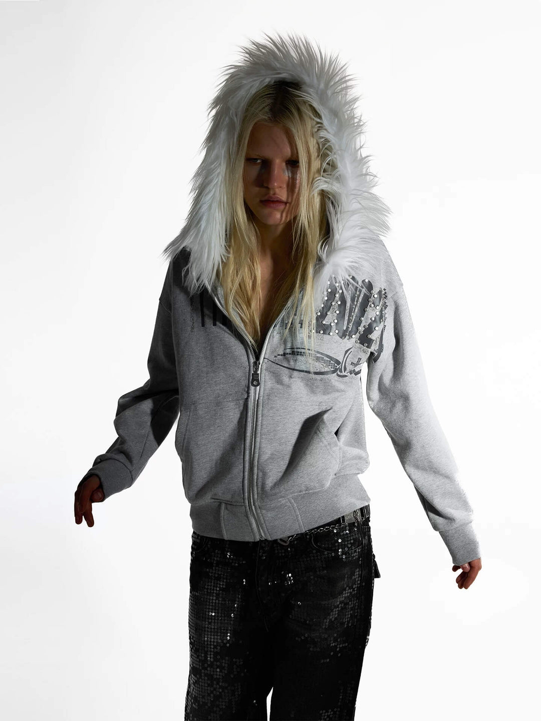 Night Lab Riveted Faux Fur Hood Zip Up Hoodie | Face 3 Face
