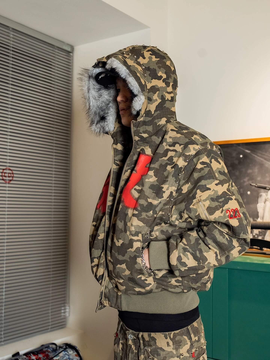 TGFCLUB Washed Camo Studded Faux Fur Hooded Jacket | Face 3 Face