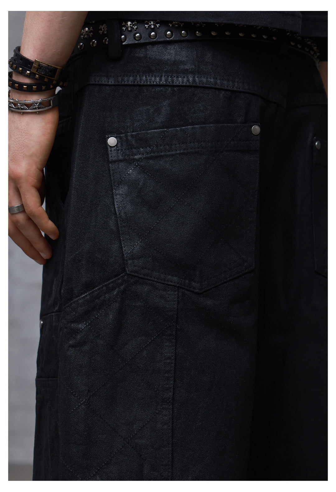 ANTIDOTE Brushed Waxed Studded Double Knee Cutoff Baggy Shorts | Face 3 Face